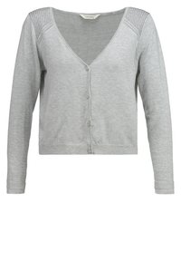 Cárdigan de manga larga color gris claro, con botones, escote en V y detalles de punto acanalado en los hombros y puños.
