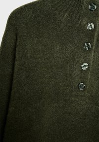 Maglione in lana verde scuro con collo alto e chiusura a cinque bottoni neri. Morbido al tatto con lievi variazioni nel tessuto.