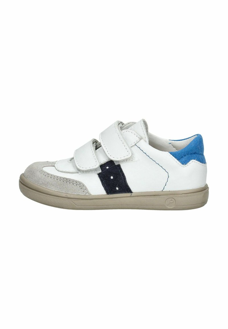 Weiße Lederschuhe mit grauem Wildlederzeh, blauen Akzenten an der Ferse und zwei Klettverschlüssen. Verfügt �über eine beigefarbene Gummisohle und gestickte Details.