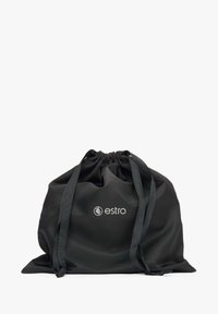 Zwarte trekkoordtas gemaakt van gladde stof, met het "estro" logo in het wit. Zachte textuur met een ronde vorm en lange trekkoorden.