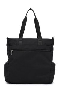 Zwarte tote tas van gestructureerd nylon met twee bovenhandvaten, een ritsvak aan de voorkant en zijcompartimenten voor extra opslag.