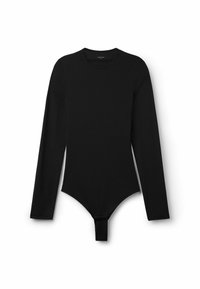 Černý overal s dlouhým rukávem vyrobený z elastického materiálu, s kulatým výstřihem, přiléhavým střihem a patentkem na spodní části.