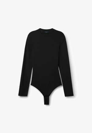 Schwarzer Langarm-Body aus dehnbarem Material, mit rundem Halsausschnitt, taillierter Form und Druckknopfverschluss am Boden.