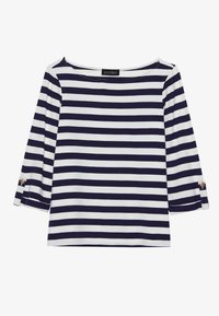 Marinblå och vit randig topp i bomull, med båtkrage och trekvartsärmar med knappdetaljer. Klassisk avslappnad design.