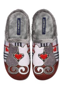 Diseño de un gato gris y blanco en unas pantuflas de felpa con forro gris, adornadas con corazones rojos, acentos marrones y un patrón de cuadros. Tejido suave con superficie texturizada.