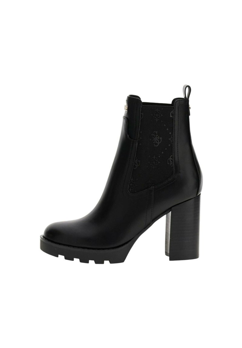 Stivale alla caviglia in pelle nera con tacco alto chunky, suola tassellata, pannello elastico laterale con motivo logo discreto e linguetta sul retro.