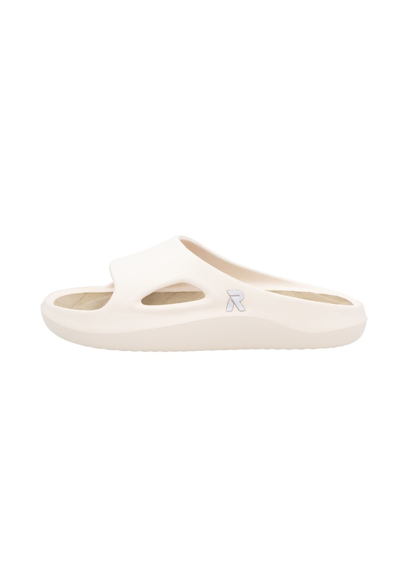 Sandale à enfiler de couleur crème en caoutchouc lisse, avec des découpes, une semelle intérieure texturée et un logo subtil sur le côté.