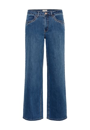 Wide-leg blue denim jeans with three front pockets, decorative studs along the pocket edges, and a button closure.