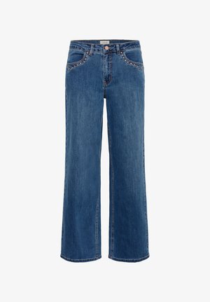 Wide-leg blue denim jeans with three front pockets, decorative studs along the pocket edges, and a button closure.