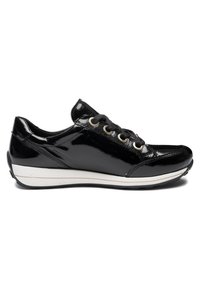 Black patent leather low-top sneaker with black laces, silver eyelets, and a white rubber sole with a thin brown stripe.