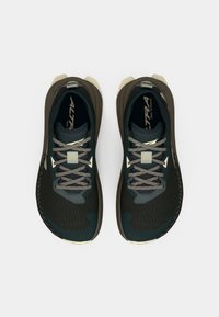 Trail running shoes in dark green and grey, featuring a textured mesh upper, light grey laces, and a cushioned sole with a prominent tread pattern.