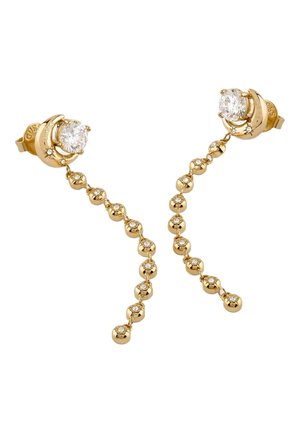 Boucles d'oreilles clous en ton or avec croissant de lune et grand cristal clair, ornées de chaînes pendantes de petites sphères dorées chacune sertie de minuscules cristaux.