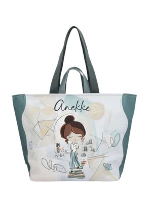 Borsa in tela con manici turchesi, con una ragazza dei cartoni animati che sta in piedi su una pila di libri e disegni geometrici astratti.