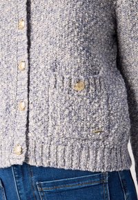 Textured light blue cardigan with a pocket, gold buttons, and ribbed hem. Features a speckled knit pattern and small metal logo accent.