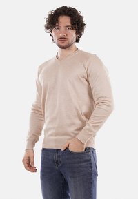 Maglione beige a scollo a V in morbido tessuto a maglia con maniche lunghe, polsini e orlo a costine, abbinato a jeans blu aderenti.