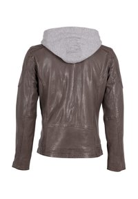 Giacca in pelle marrone con cappuccio grigio. Presenta un design aderente, una texture liscia e dettagli di cucitura visibili. Vista posteriore.