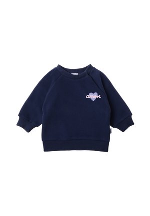 Navyblauer Sweatshirt für Kleinkinder mit gerippten Bündchen und Saum, mit einem lila Herz und dem Wort "amore" in Pink auf der Brust.