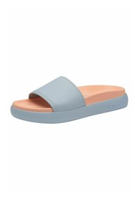 Ljusblå slide-sandal med ett brett band och en persikofärgad innersula. Slät yta och platt, vadderad sula för komfort.