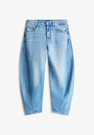 Hellblaue Jeans aus Denim mit lockerem Schnitt, fünf Taschen, Knopfverschluss und dezentem Verblassen an den vorderen Oberschenkeln.