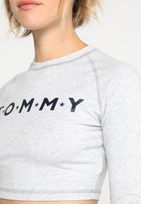 Grau geschnittenes Sweatshirt aus weichem Stoff mit dem navyblauen "TOMMY"-Logo und Sternakzenten auf der Vorderseite; hat lange Ärmel und einen runden Ausschnitt.