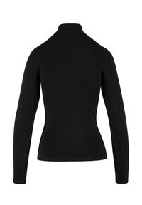 Maglione nero a collo alto con coste, caratterizzato da maniche lunghe e una silhouette aderente, realizzato in un morbido tessuto lavorato a maglia con una texture liscia.