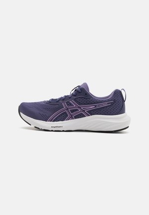 Purple ASICS running shoe with mesh upper, light pink logo stripes, white cushioned sole labeled AmpliFoam+, and black outsole.