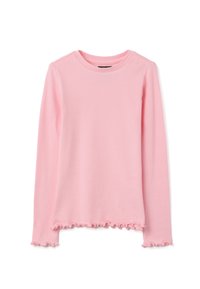 Top met lange mouwen van zacht roze geribbelde stof, met een ronde halslijn en gegolfde randen aan de manchetten en zoom. Normale pasvorm.