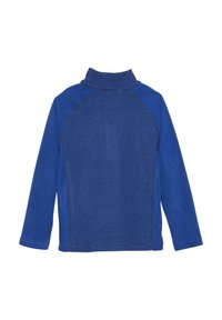 Sötétkék fleece pulóver, magas gallérral. A háton sötétkék vízszintes csíkokkal és raglán ujjakkal rendelkezik.