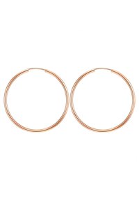 Pendientes de aro en oro rosa con un diseño liso y delgado. Forma circular con un cierre sin costuras. Cada pendiente presenta una superficie texturizada para un detalle adicional.