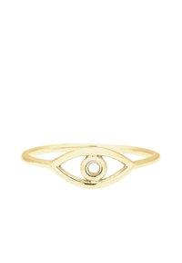 Goldring mit einem offenen Augendesign und einem kreisförmigen Zentrum. Glattes, poliertes Metall mit einer minimalistischen Form und einem dünnen Band.