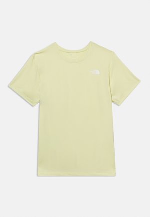 Világos sárga, rövid ujjú, kerek nyakú póló, bal mellrészen apró fehér "The North Face" logóval.