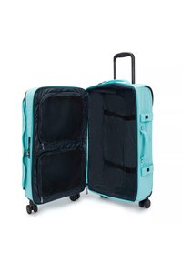 A turquoise suitcase with a black interior, featuring a retractable handle, smooth wheels, two mesh pockets, and adjustable straps for organization.