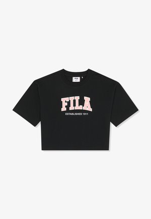 Camiseta negra recortada de manga corta con el logo de FILA en rosa y blanco y el texto "ESTABLISHED 1911" en la parte delantera.