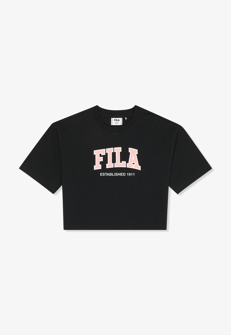 Zwart cropped T-shirt met korte mouwen, met roze en witte FILA-logo en de tekst "ESTABLISHED 1911" aan de voorkant.