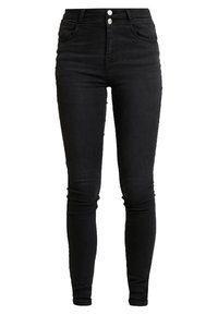 Jeans skinny de talle alto en denim negro, con un ajuste ajustado, dos bolsillos delanteros y dos bolsillos traseros con cierre de botón metálico.