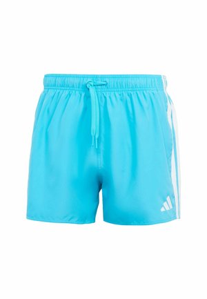 Bañador azul claro con cintura elástica, cordón ajustable y franjas laterales blancas. Presenta un logo en la parte inferior izquierda.