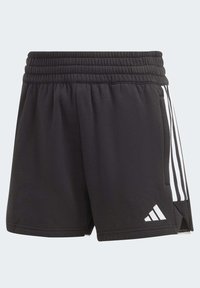 Schwarze Sportshorts mit einem elastischen Bund, die auf den Seiten drei weiße Streifen und ein kleines weißes Logo am Saum haben.