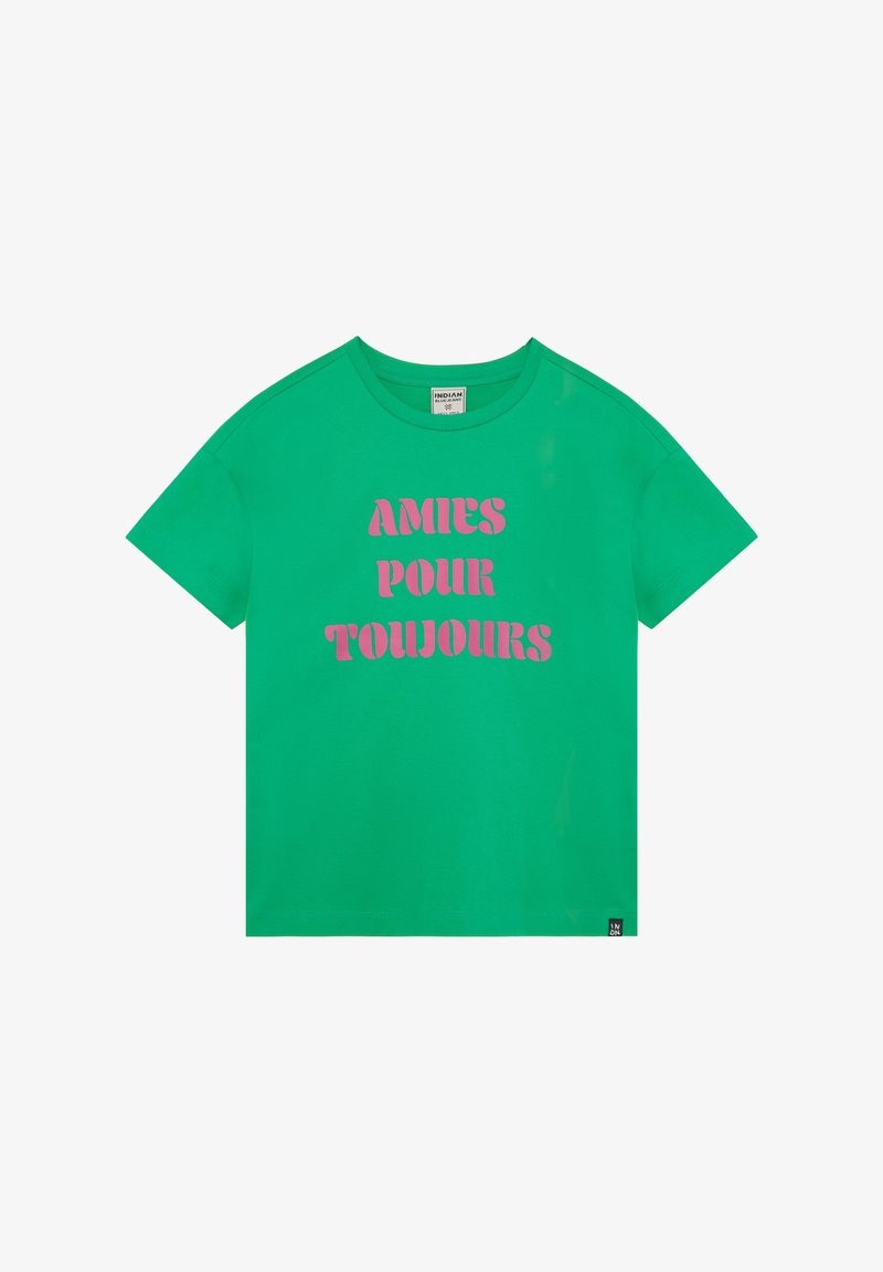 T-shirt en coton vert avec la phrase "AMIS POUR TOUJOURS" en lettres roses audacieuses. Manches courtes et col rond.