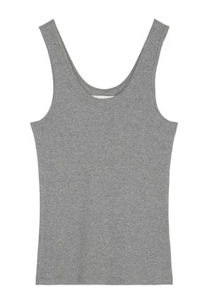 Débardeur en coton gris avec un col rond, sans manches, et une texture lisse et légèrement extensible. Couleur uniforme sans motifs.