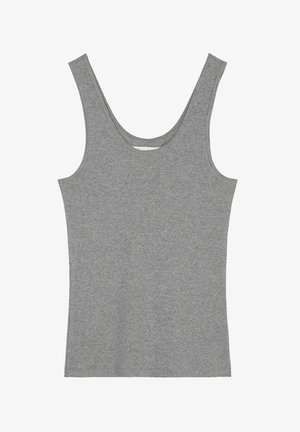 Grå bomulds tanktop med rund halsudskæring, ærmeløs design og en glat, let strækbar tekstur. Ensartet farve uden mønstre.