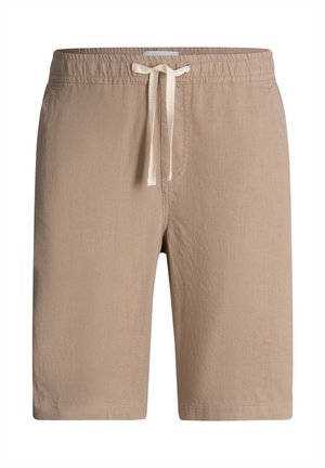 Short beige longueur genou avec taille élastique et cordon blanc, en tissu léger.