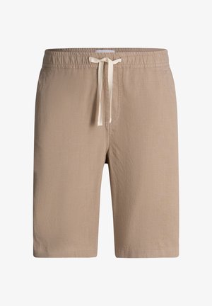 Short beige longueur genou avec taille élastique et cordon blanc, en tissu léger.