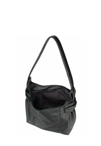 Bolso de mano de cuero negro con una textura suave, diseño flexible, correa de hombro única y un bolsillo interior para organizar.