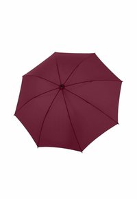 Ombrello color borgogna con una copertura in tessuto liscio, otto stecche e un mozzo centrale nero. Design leggero, forma piatta quando chiuso.