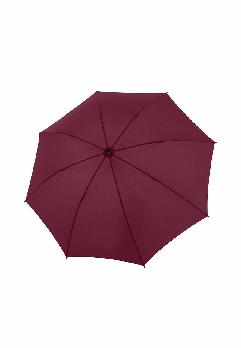 Ombrello color borgogna con una copertura in tessuto liscio, otto stecche e un mozzo centrale nero. Design leggero, forma piatta quando chiuso.