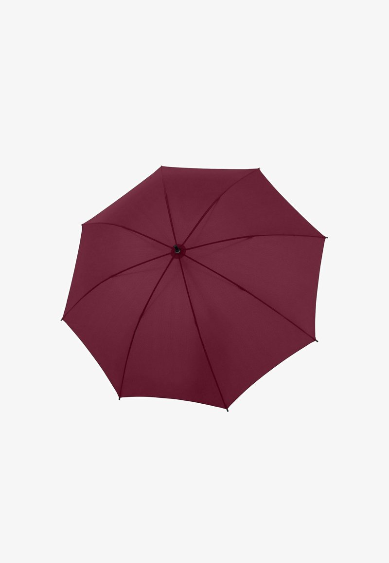 Ombrello color borgogna con una copertura in tessuto liscio, otto stecche e un mozzo centrale nero. Design leggero, forma piatta quando chiuso.