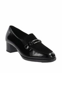 Mocassino in vernice nera con tacco basso, parte anteriore in suede, dettaglio con fibbia metallica e suola scanalata, ideale per abbigliamento formale o per l'ufficio.