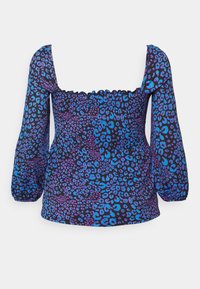 Top justo com uma base preta e estampa de leopardo azul e roxa, mangas longas bufantes, corpo elástico e decote quadrado.