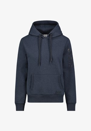 Marineblauer Hoodie mit Kapuze und Kordelzug, einer vorderen Kängurutasche, gerippten Bündchen und einem dezenten Logodruck am Ärmel. Weiche Stoffstruktur.