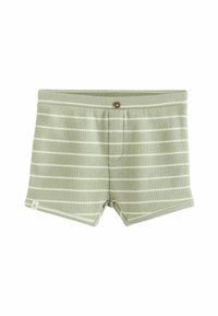 Gröna randiga badshorts gjorda av texturerat tyg, med en brun knapp framtill och en liten stjärnlogotyp på fållen.